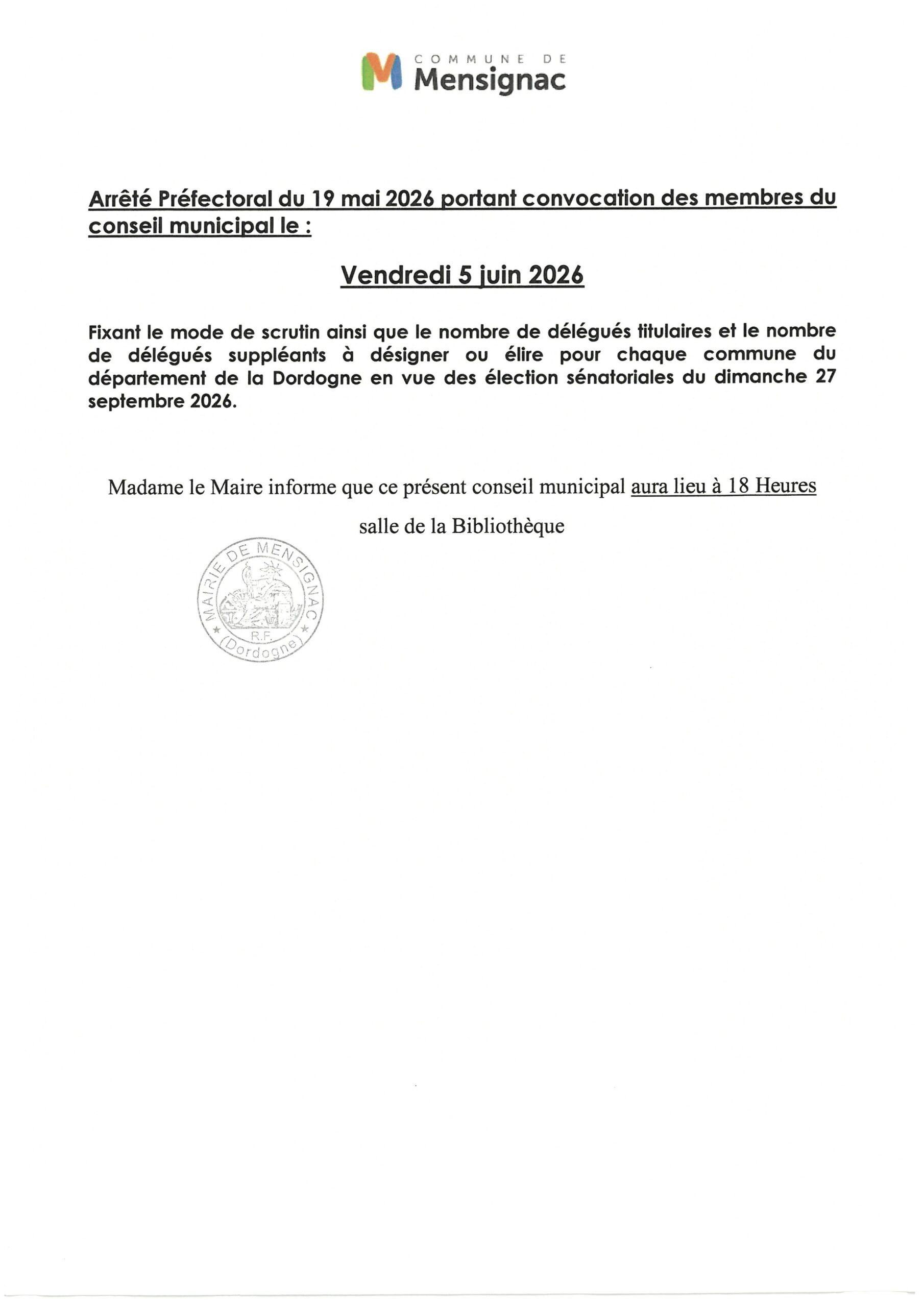 Prochain conseil municipal vendredi 5 juin 2026 à 18h à la salle de la bibliothèque